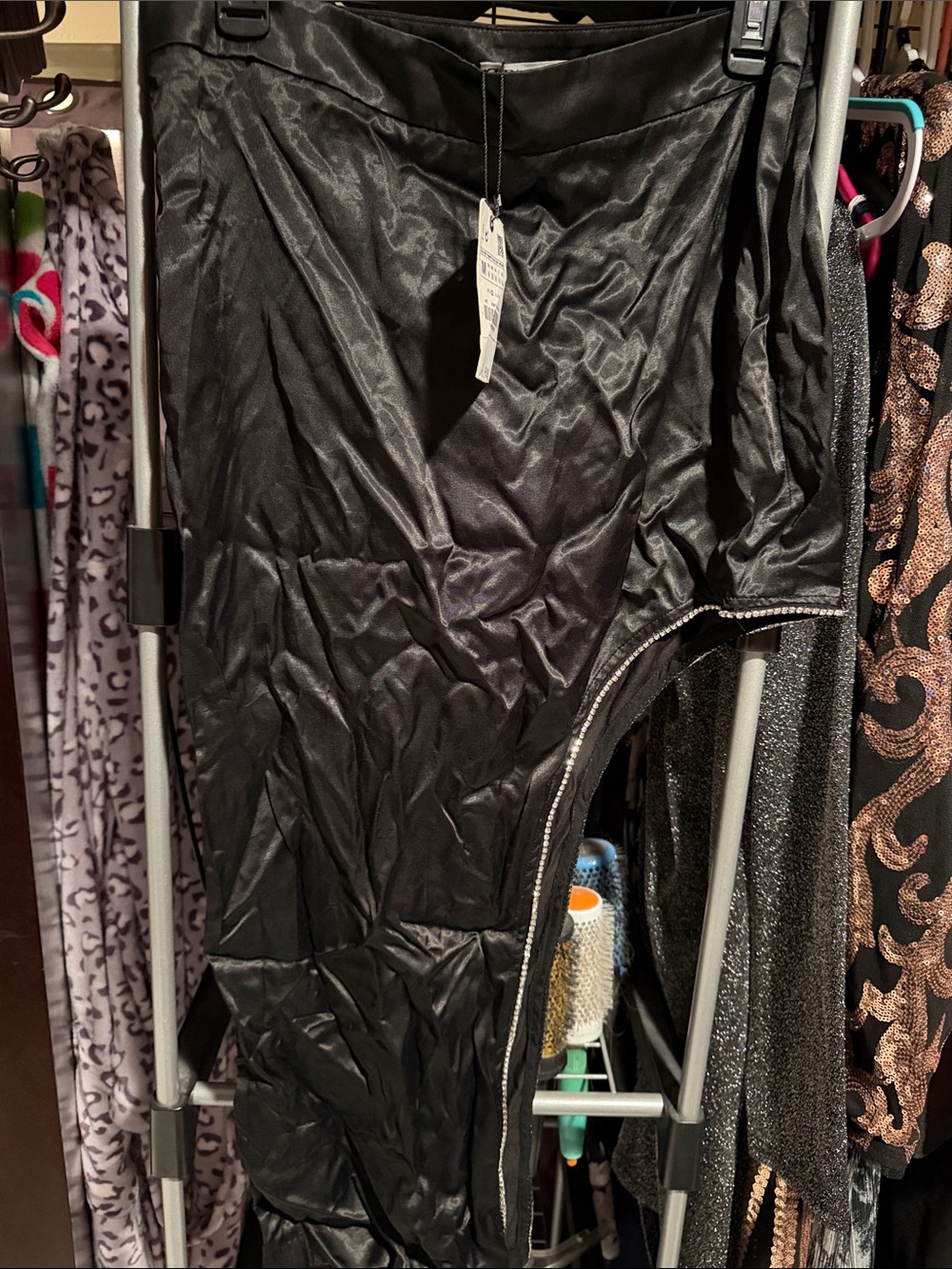 ZARA Black Shiny Asymmetric Skirt WITH BLING with Zipper Detail